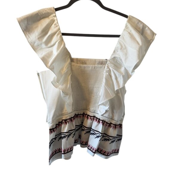 NWT LUG VON SIGA Jade Ruffled Shirred Embroidered Cotton-Poplin Top, 40 FR/M - Picture 2 of 6